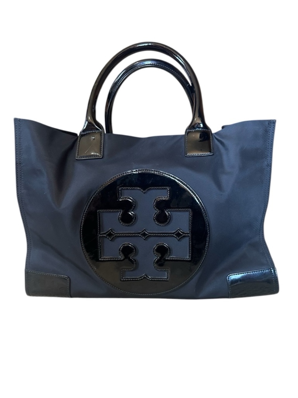 Tory Burch Ella Nylon Medium Patent Leather Logo Black Tote Purse Bag - Picture 3 of 14